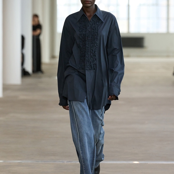 Tibi Easy Tuxedo Shirt Navy Blue Italian Cotton Nylon Poplin Ruffle Size XL - Picture 6 of 14